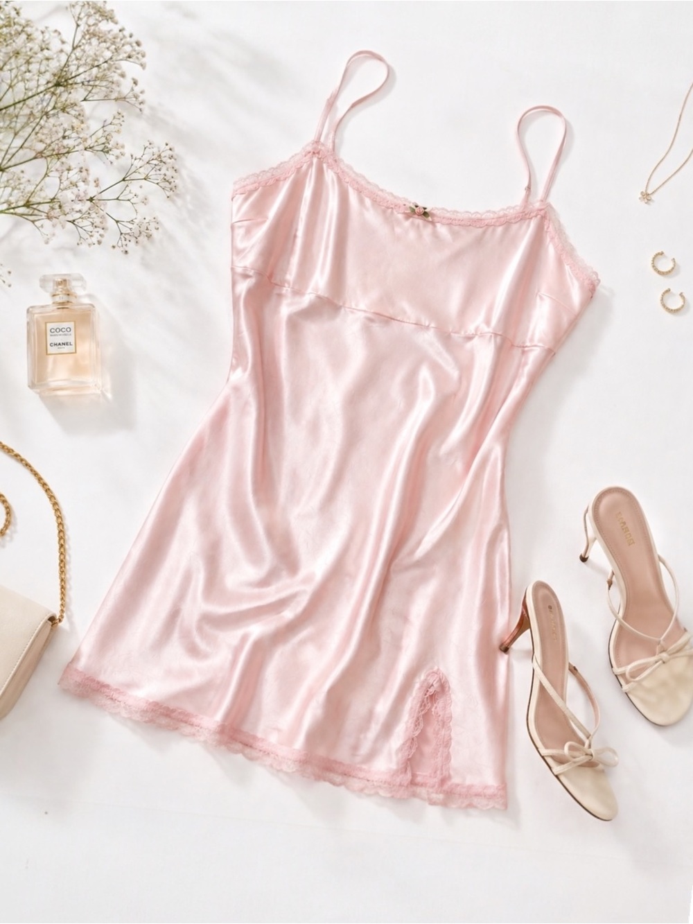 Pink Satin Mini Slip Dress Lace Trim Rosette Y2K Coquette Size XL